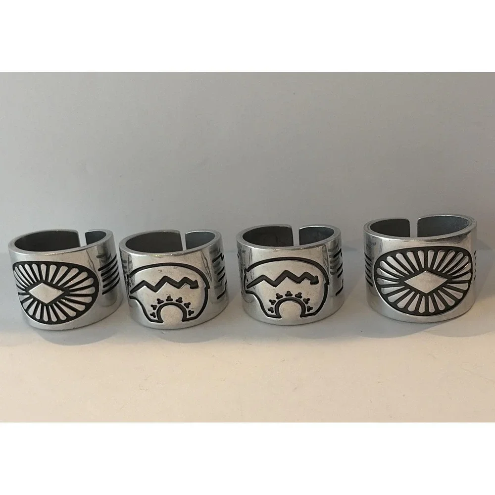 Vintage Southwestern Style Napkin Rings Set of 4 Silver Tone Stamped